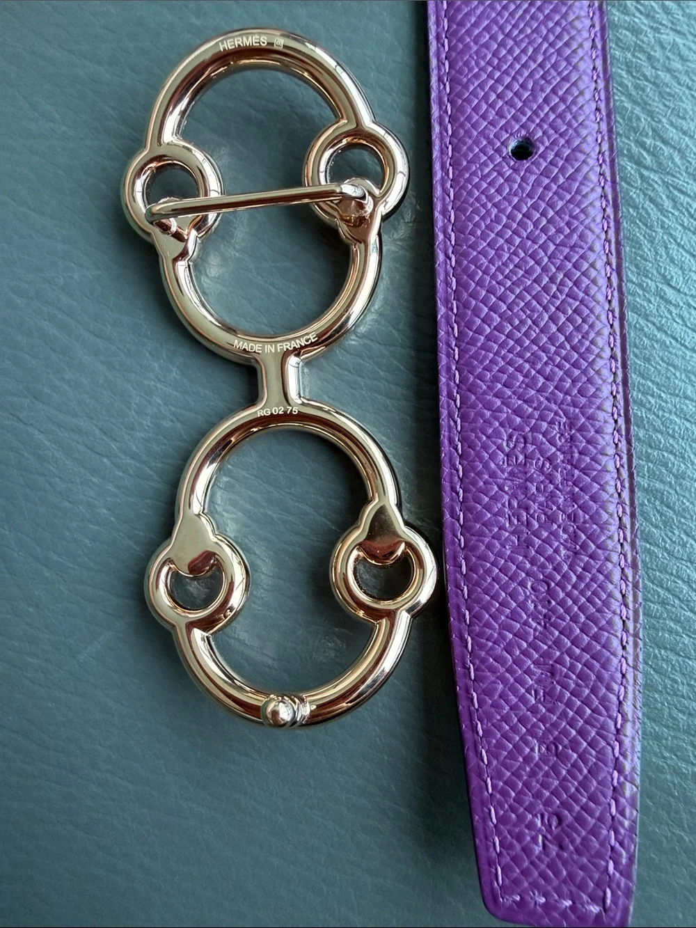 Hermes Reversible belt green/purple with rose gold buckle Size 75, pristine.